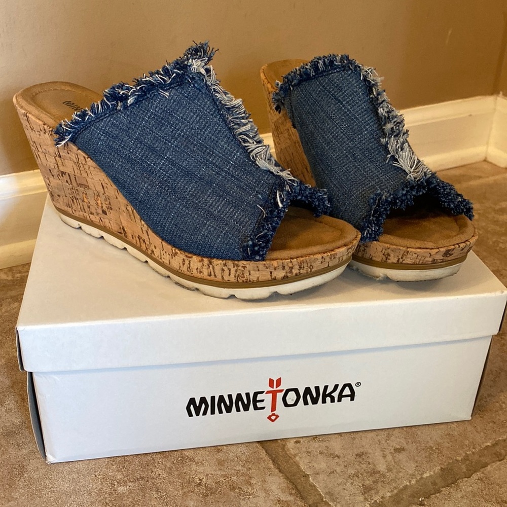 Minnetonka Denim Cork Wedges Size 9